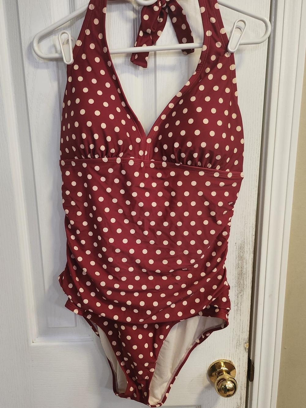 Adore Me Burgundy & Cream Polka Dot Halter One-Piece Swimsuit